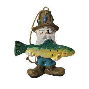 Fisherman with Waders Holding a Trout Fish Hanging Ornament Resin 2.75 x 2.25 in